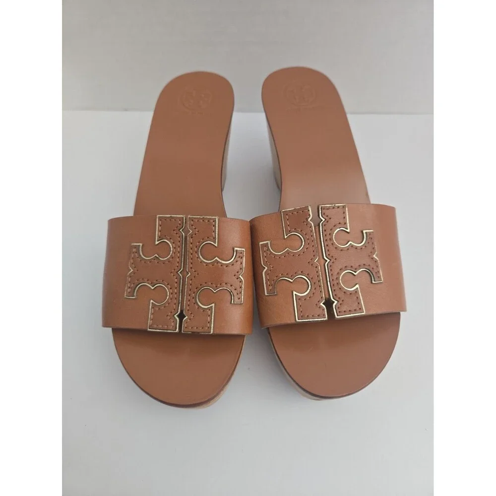 Tory Burch ines brown leather Wedge platform Slide Sandals Women’s Size 6-1/2M